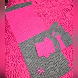 Michael Kors Pink and Gray Knit Scarf and Matching Gloves.